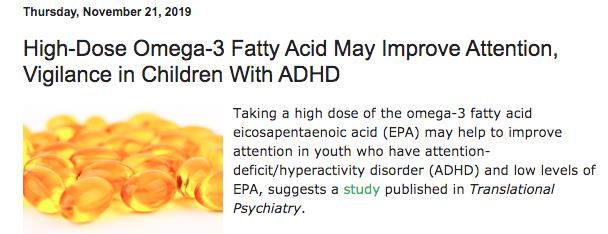 高濃度的EPA脂肪酸能改善注意力不足過動症（ADHD）孩童的專注力