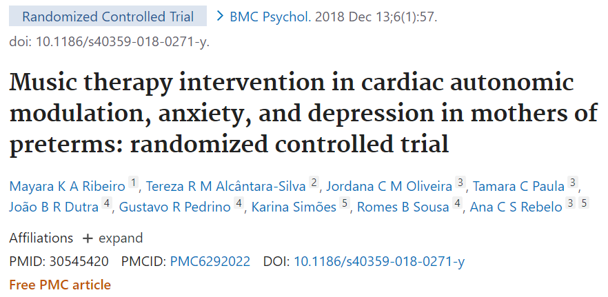 音樂治療對早產兒母親心臟自律神經調節、焦慮和憂鬱之影響：隨機對照
